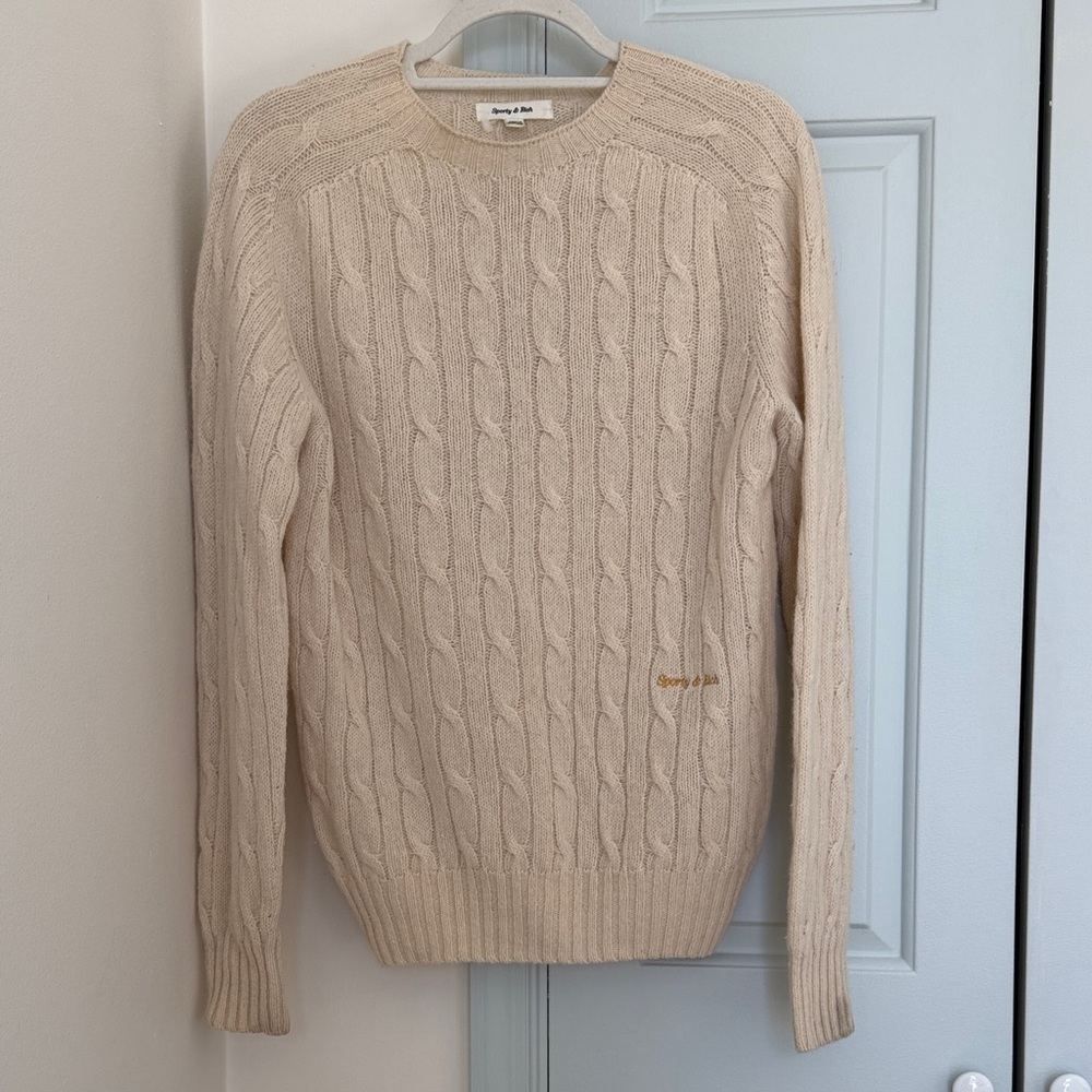 Sporty & Rich Monogram Cream Cable Knit Crewneck Sweater - Small